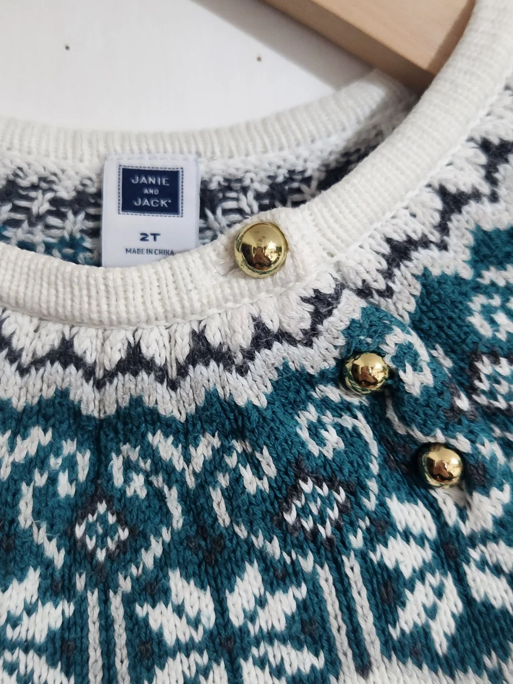 Janie and Jack White Crewneck Sweater with Teal Fair Isle‎ Yoke 2T